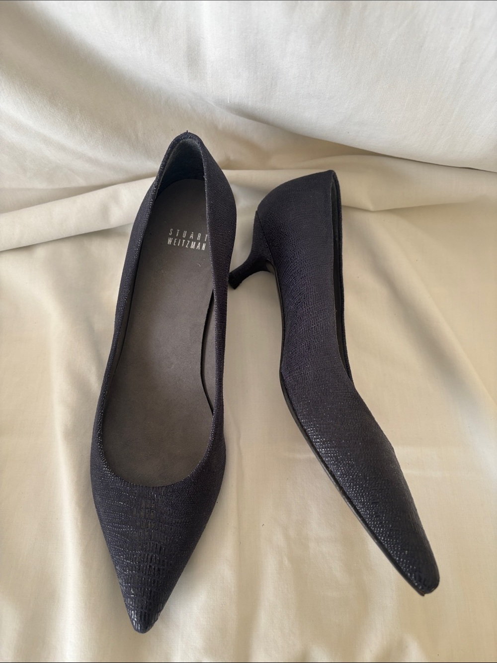 Stuart Weitzman Navy Pointed-Toe Textured Low Heel Pumps